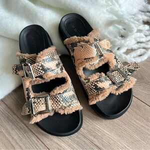 Stylish Snake Print Sandals with Faux Fur Trim